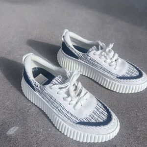 Dolce Vita White and Navy Platform Sneakers with Textured Weave